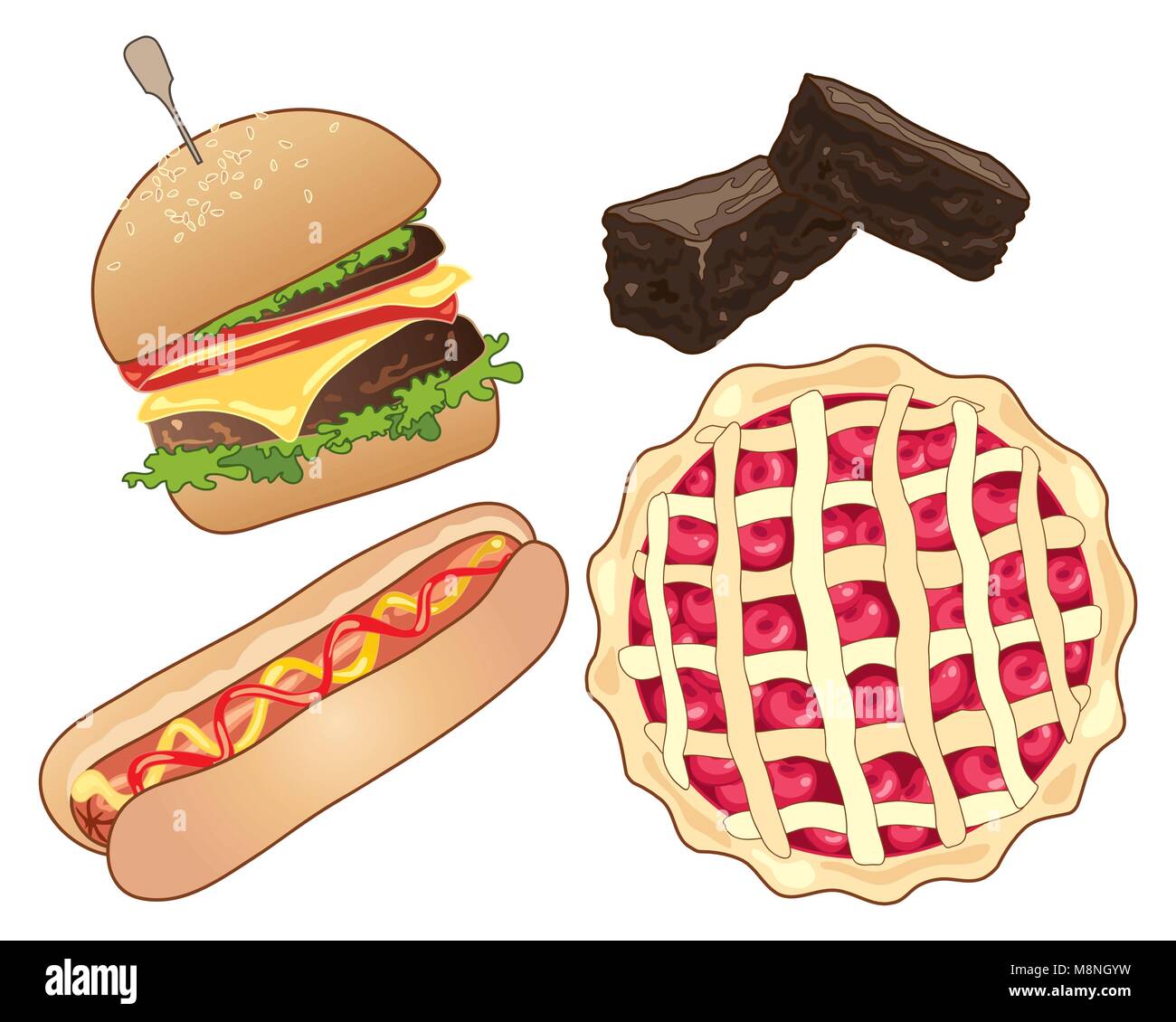 Un vecteur illustration en format eps 10 de restauration rapide américaine y compris un hamburger dans un petit pain a hot dog brownies au chocolat et cherry pie Illustration de Vecteur