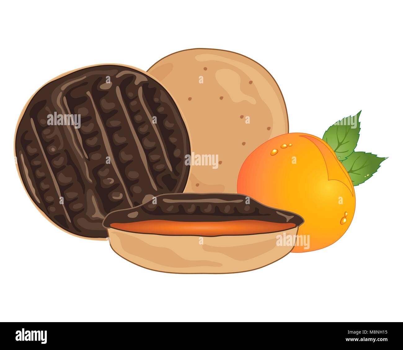 Un vecteur illustration en format eps 10 biscuits à l'orange et au chocolat sucré avec une demi-section et un petit fruit orange et le feuillage Illustration de Vecteur