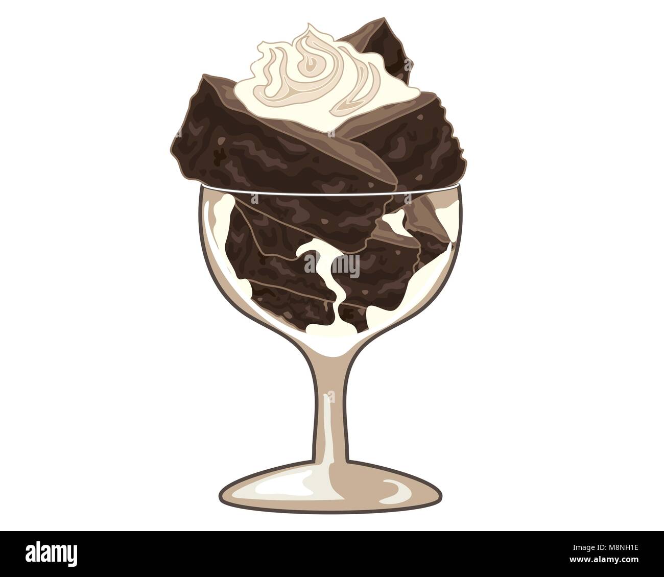 Un vecteur illustration au format eps d'une fantaisie verre avec brownie au chocolat Gâteau empilé avec un tourbillon de crème fouettée sur un fond blanc Illustration de Vecteur