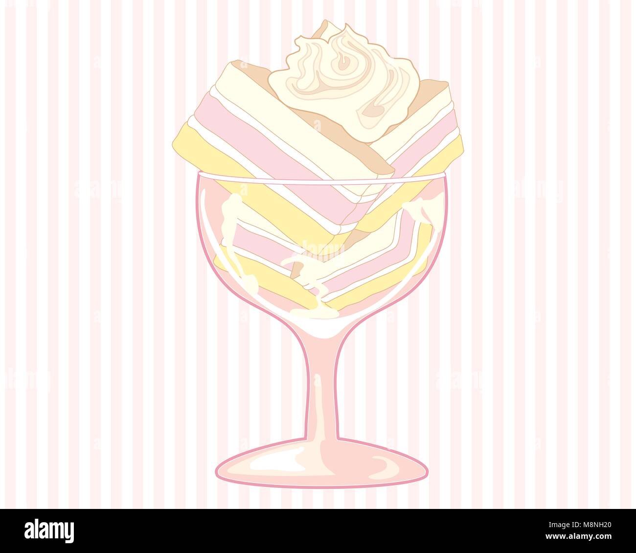 Un vecteur illustration au format eps d'une fantaisie verre avec angel cake empilé avec un tourbillon de crème fouettée sur un fond de rayure rose Illustration de Vecteur