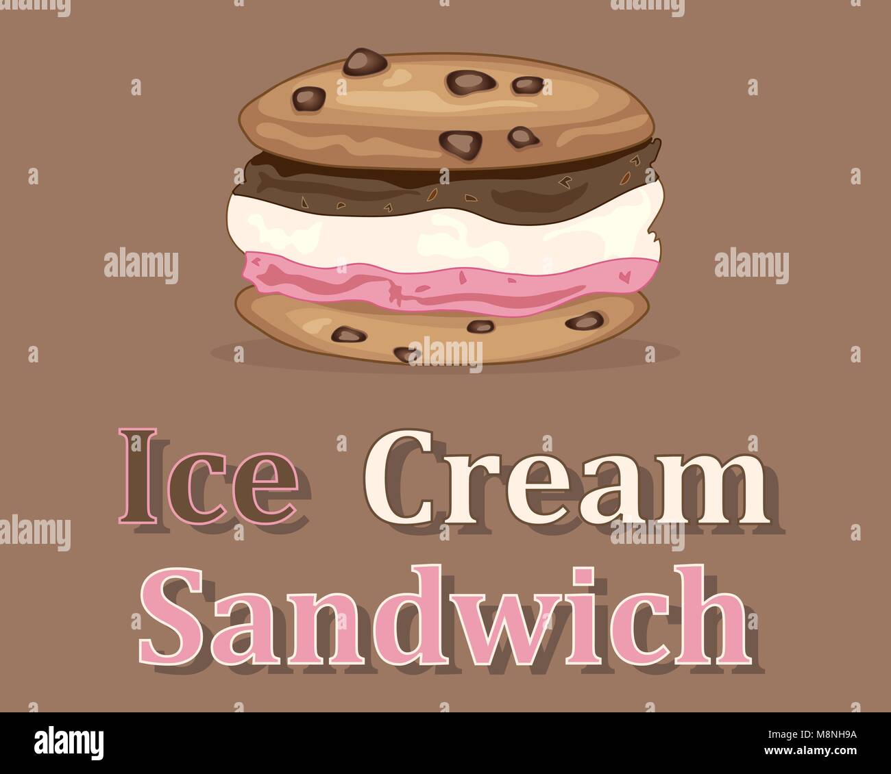 Un vecteur illustration en eps 10 format d'un sandwich à la crème glacée saveur napolitaine avec le remplissage et cookies aux pépites de chocolat sur un fond brun Illustration de Vecteur