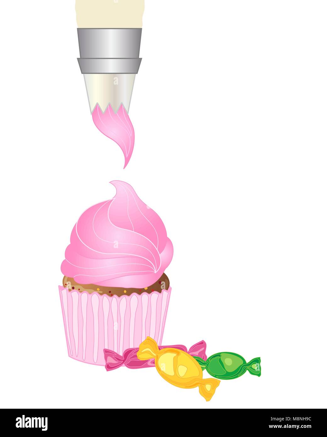 Un vecteur illustration en eps 10 format d'un sac de glace rose cerise sur la tuyauterie d'un gâteau avec des bonbons emballés colorés sur fond blanc Illustration de Vecteur