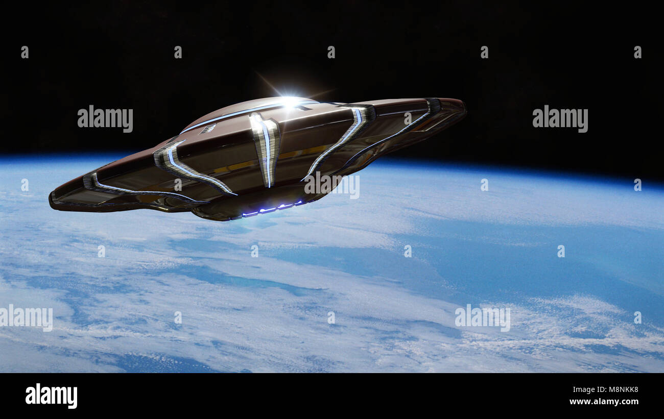 Ovni, vaisseau spatial en orbite de la planète Terre, des visiteurs extraterrestres venus de l'espace en soucoupes (science-fiction 3d illustration, éléments Banque D'Images