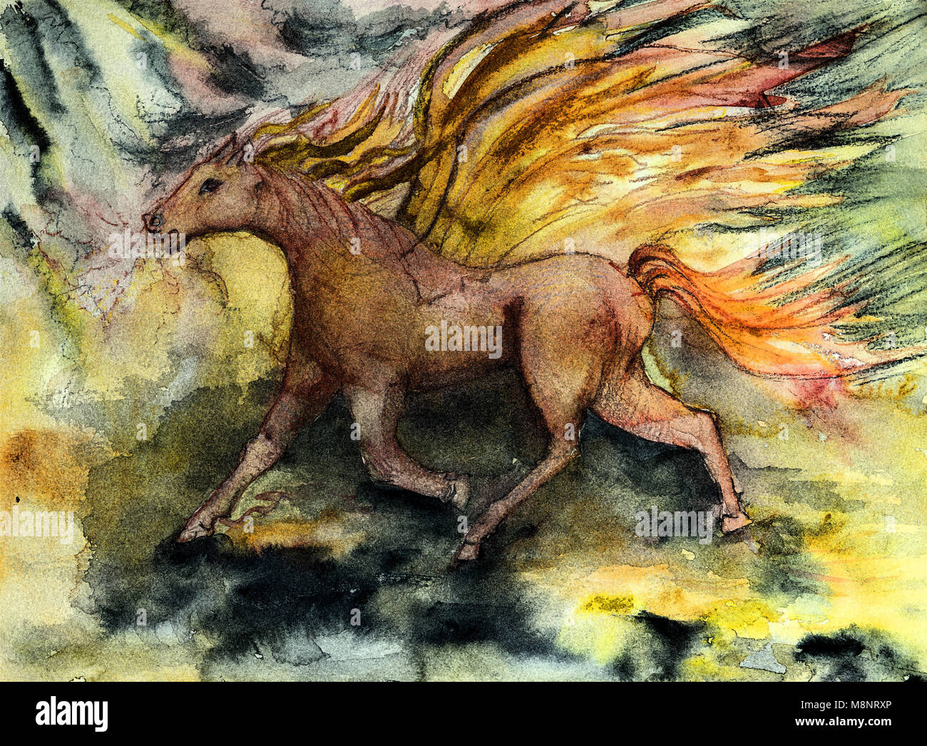 Cheval Rouge avec des ailes en cas de tempête. La technique du badigeonnage près des bords donne un effet de flou en raison de la modification de la rugosité de surface du pap Banque D'Images