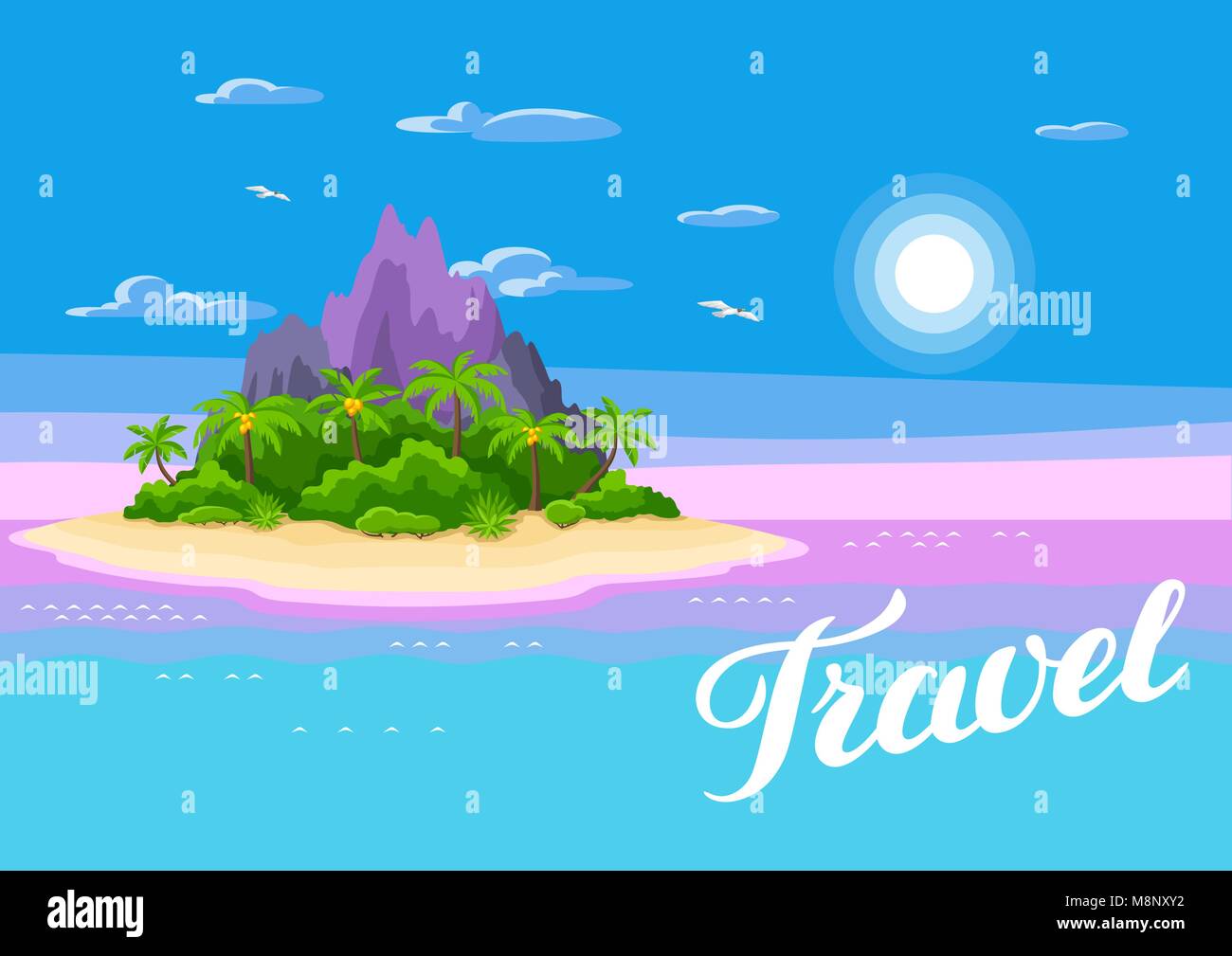 Illustration de l'île tropicale dans l'océan. Paysage avec palmiers, l'océan et les rochers. Arrière-plan de voyage Illustration de Vecteur