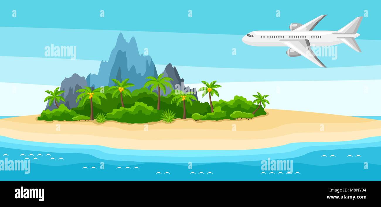 Illustration de l'île tropicale dans l'océan. Paysage avec des avions, des palmiers et des rochers. Arrière-plan de voyage Illustration de Vecteur