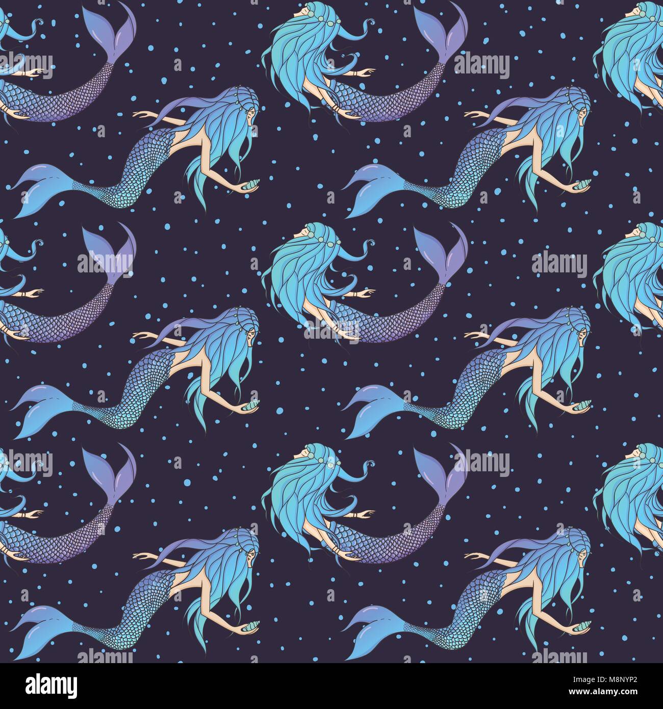 De magnifiques sirènes vector pattern transparente. Des créatures mythiques sous-marines sur le fond bleu à pois bleu foncé. Illustration de Vecteur