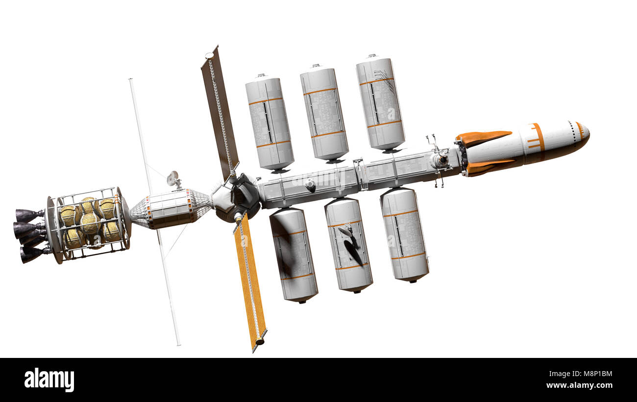 Vaisseau spatial futuriste isolé sur fond blanc, rocket ship design (science-fiction 3D Rendering) Banque D'Images