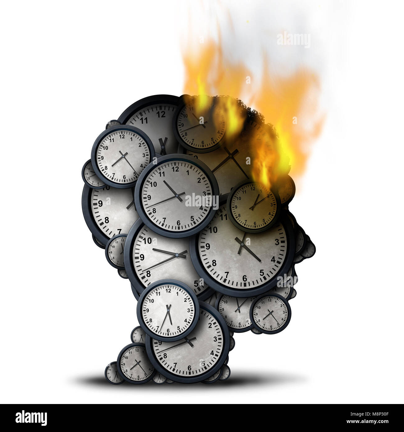 Temps de combustion concept comme un effort d'affaires idée avec une tête humaine faite d'horloges qui est sur le feu comme une métaphore de la pression limite. Banque D'Images