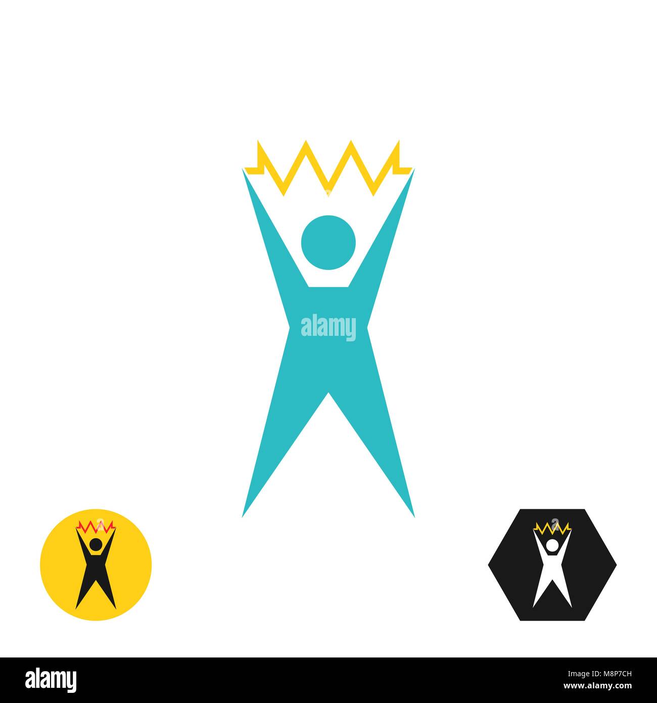 Logo de la figure stylisée de la personne qui a trouvé la solution. Idée victorieuse. La personne la tenue d'un insigne symbolisant l'idée novatrice, prêt Illustration de Vecteur