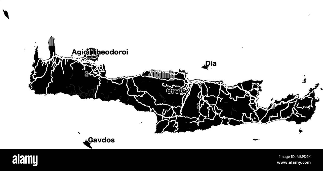 L'île de Crète carte vectorielle, noir et blanc Silhouette contour plan de voyage du marketing et de l'éducation. Illustration de Vecteur