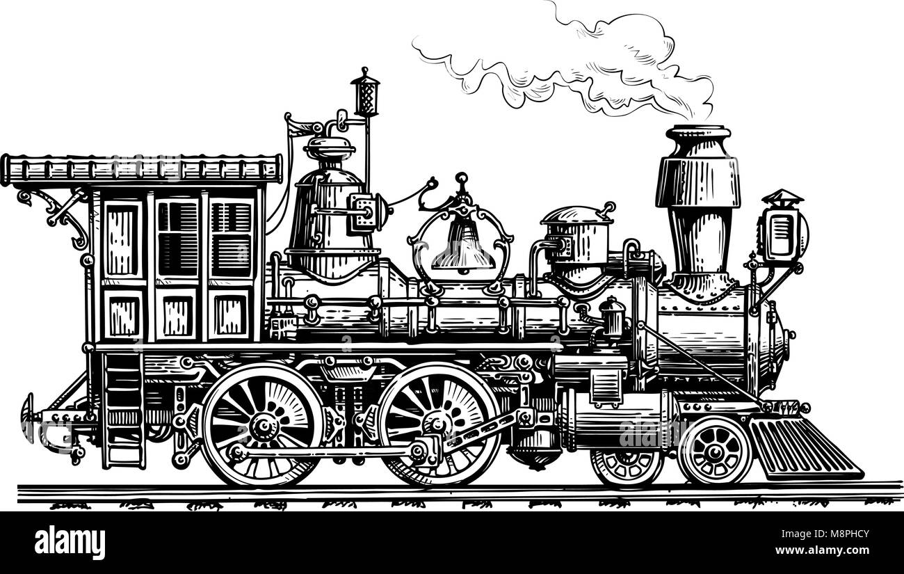 Retro locomotive à vapeur, train. Sketch Vintage vector illustration Illustration de Vecteur