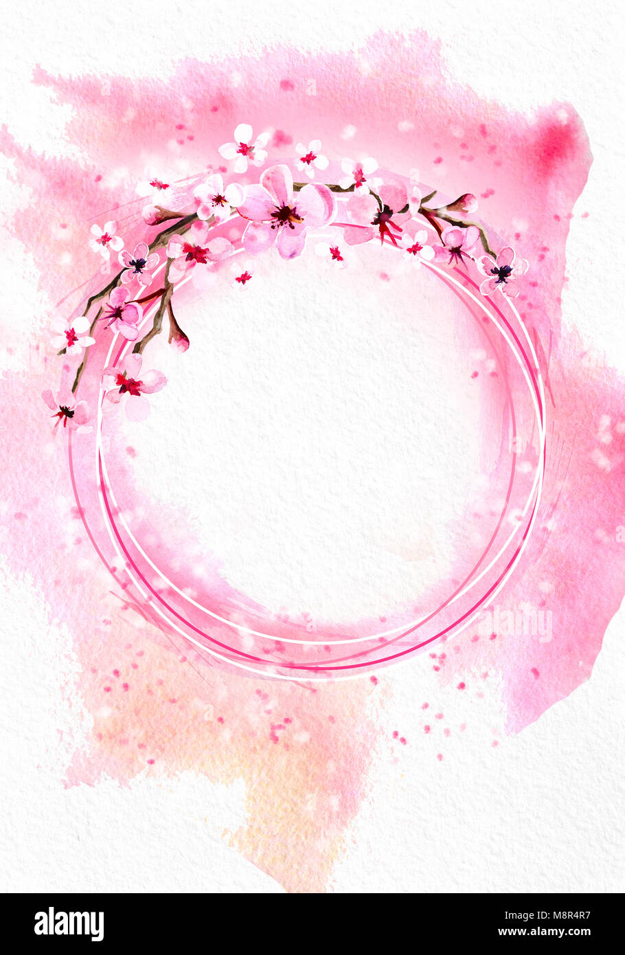Fleur de cerisier rose sur fond d'aquarelle. Banque D'Images