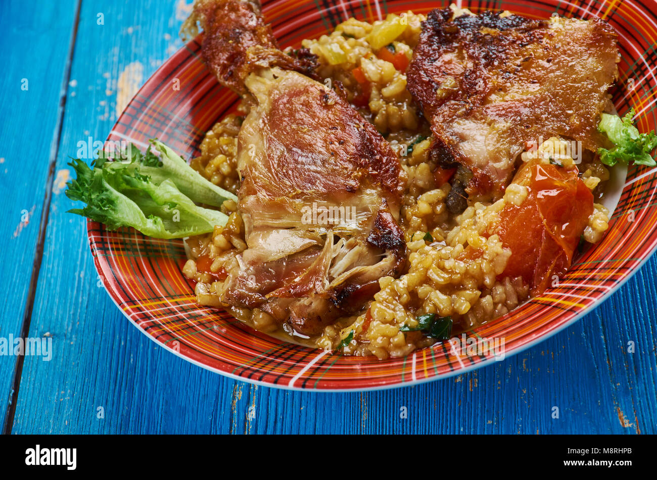 Un plat de riz de poulet jerk , close up Banque D'Images