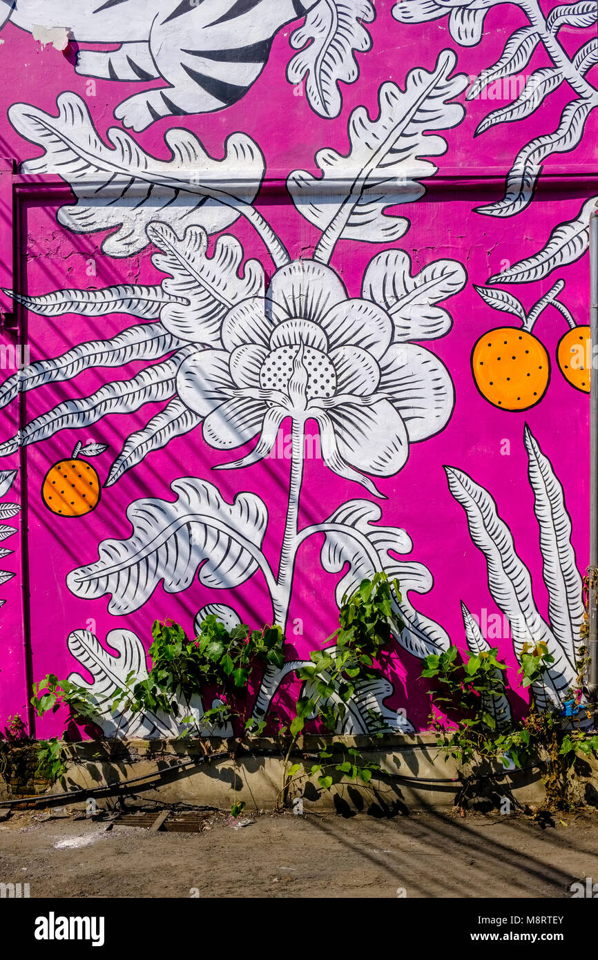 Graffitis colorés d'un fantasme à un mur de fleurs Banque D'Images