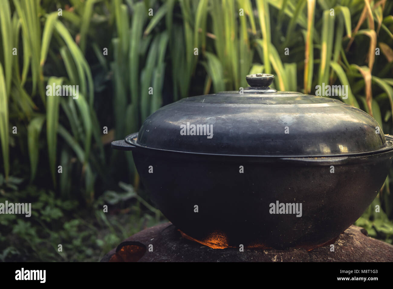 La cuisson à l'extérieur pot de la cuisine au wok sur le feu la préparation des aliments contexte Banque D'Images