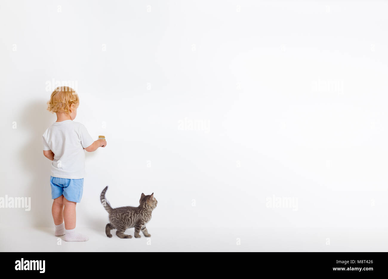 Petit garçon avec le pinceau et petit chat debout dos près de mur blanc Banque D'Images