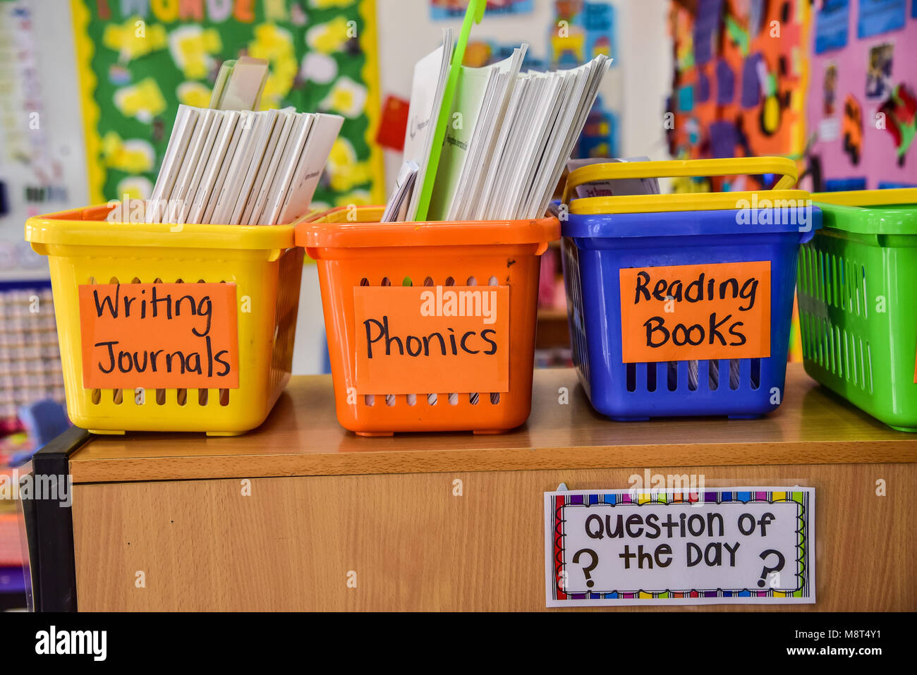 Trois paniers de couleur lumineux à l'intérieur d'une salle de classe de la petite enfance. L'un dit, "écrit", dit l'une des revues, livres, 'READING' l'autre dit "acoustique". Banque D'Images