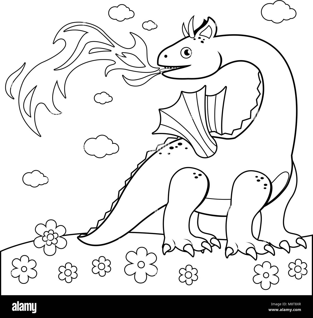 Dragon cracheur de feu. Animal de conte de fées mythique, dragon ailé avec souffle de flamme. Page de coloriage noir et blanc vectoriel. Illustration de Vecteur