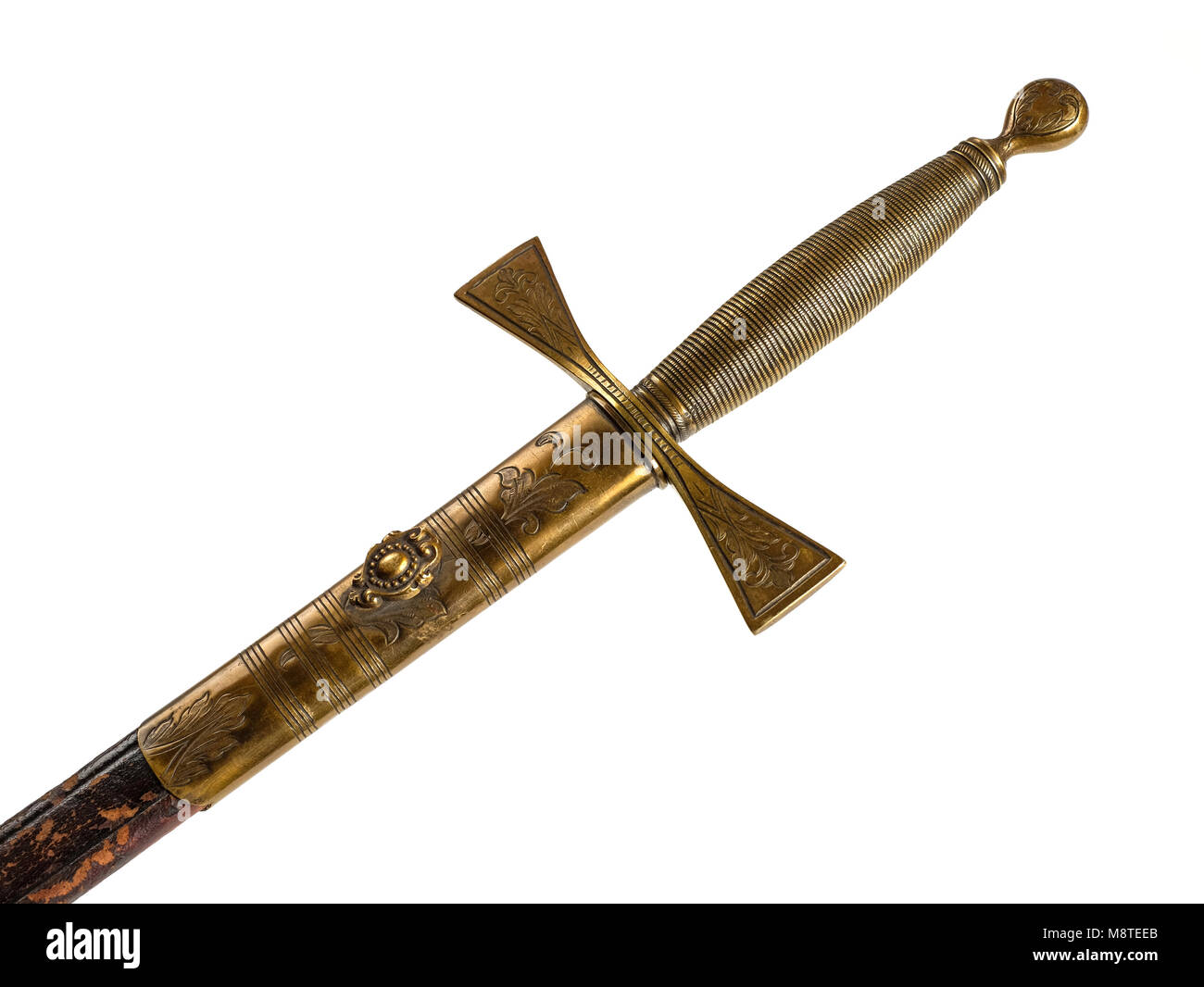 Victorien Antique épée maçonnique de cérémonie avec poignée en laiton gravé et cruciforme enflées et poignée pommeau arrondi, illustré dans le fourreau d'origine. Banque D'Images