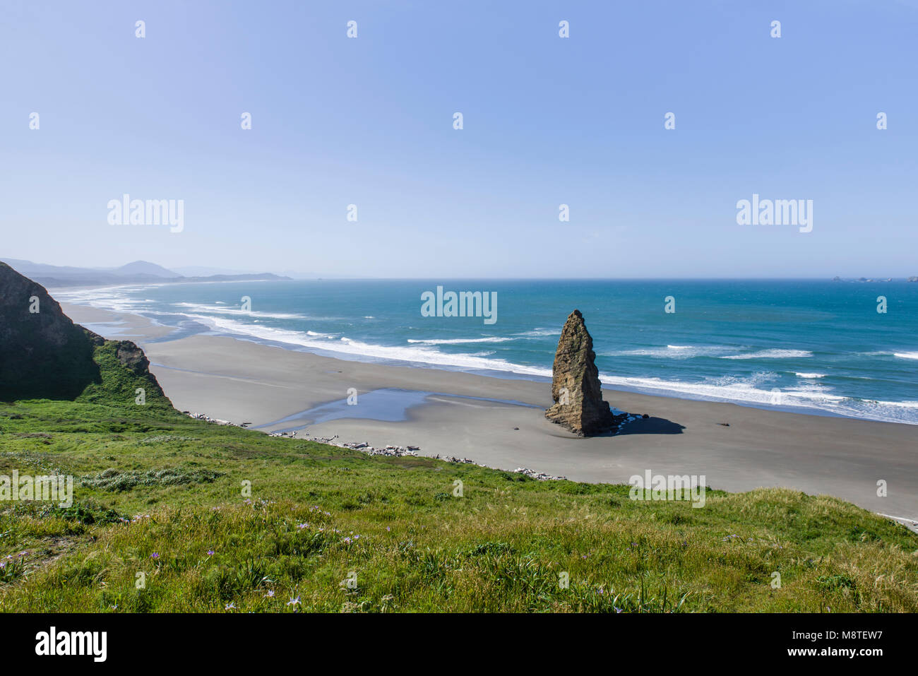 Poussée vers le haut pilier Rock à partir de la plage de sable de Cape Blanco, six, Oregon Banque D'Images