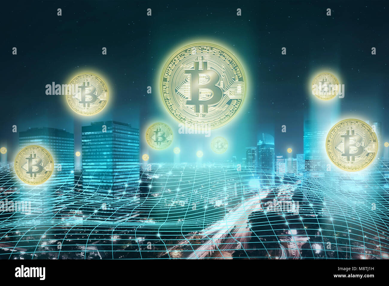 Réseau Bitcoin sur la ville avec l'icône de bitcoin. Concept Cryptocurrency. Banque D'Images