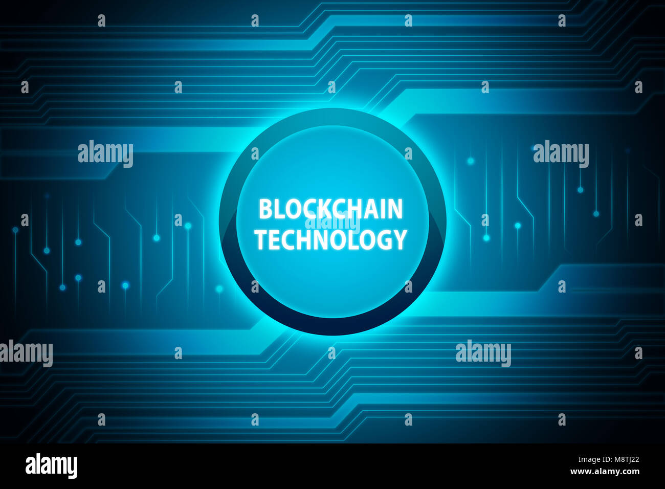 La technologie de l'Blockchain texte sur le bouton bleu avec fond numérique Banque D'Images