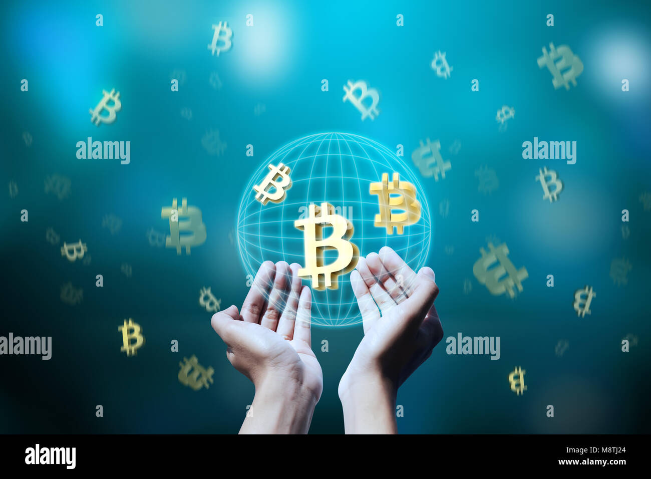 Personnes hand holding bitcoin système virtuel. Technologie concept Blockchain Banque D'Images