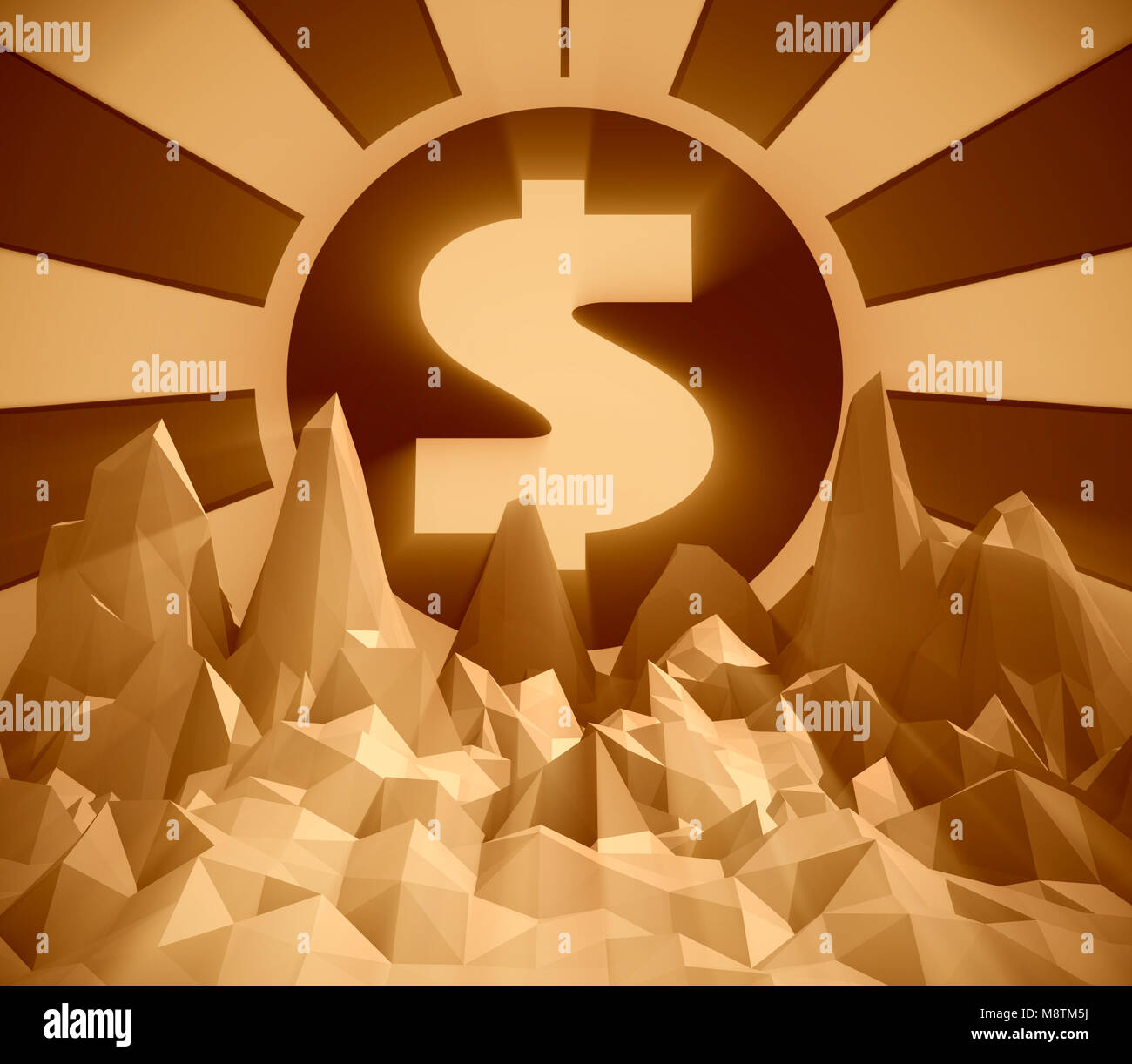 Signe dollar à sun burst rayons avec une faible surface poly Banque D'Images