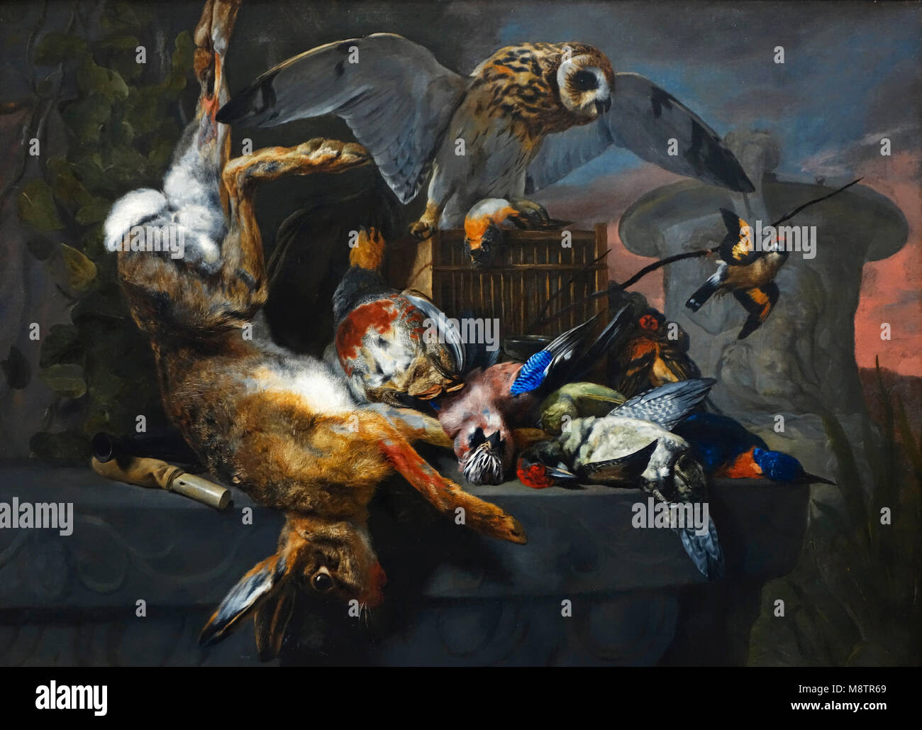 Nature morte avec un hibou et un trophée de chasse, 17e siècle huile sur toile toile de peintre flamand Pieter Boel / Peeter Boel de l'École d'Anvers Banque D'Images