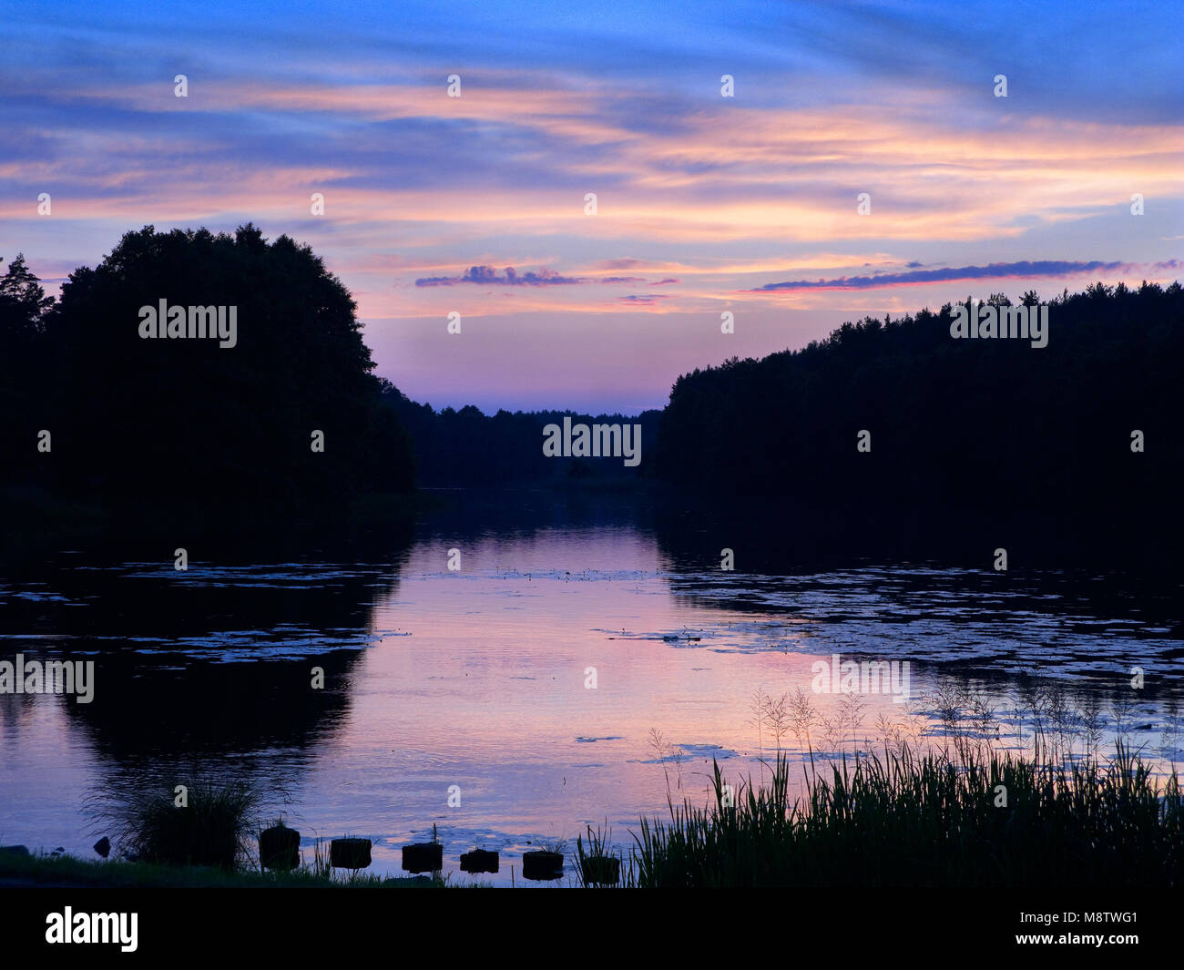 Coucher de soleil sur Mylof lake. Les pinèdes de Tuchola, province de Poméranie, Pologne, l'Europe. Banque D'Images