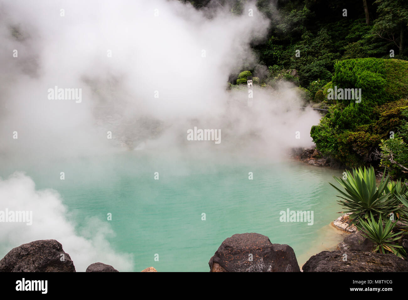 Umi Jigoku à Beppu, Japon, "l'Enfer", son nom vient de l'étang bleu cobalt de l'eau bouillante. Banque D'Images