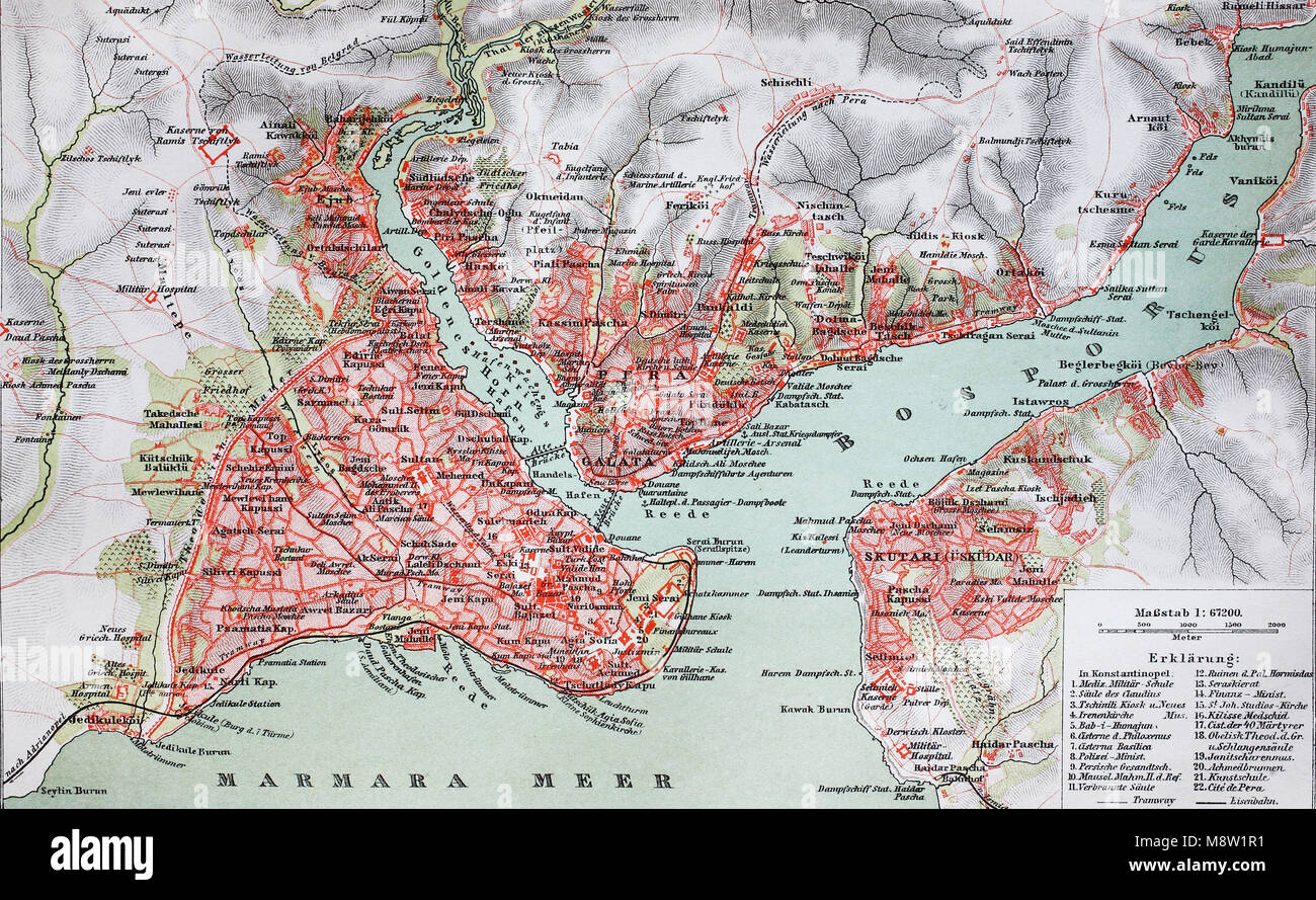 Plan de ville à partir de l'année 1892 : Konstantinopel, Constantinople, Istanbul, Turquie, maintenant l'amélioration numérique reproduction d'une estampe originale de l'année 1895 Banque D'Images