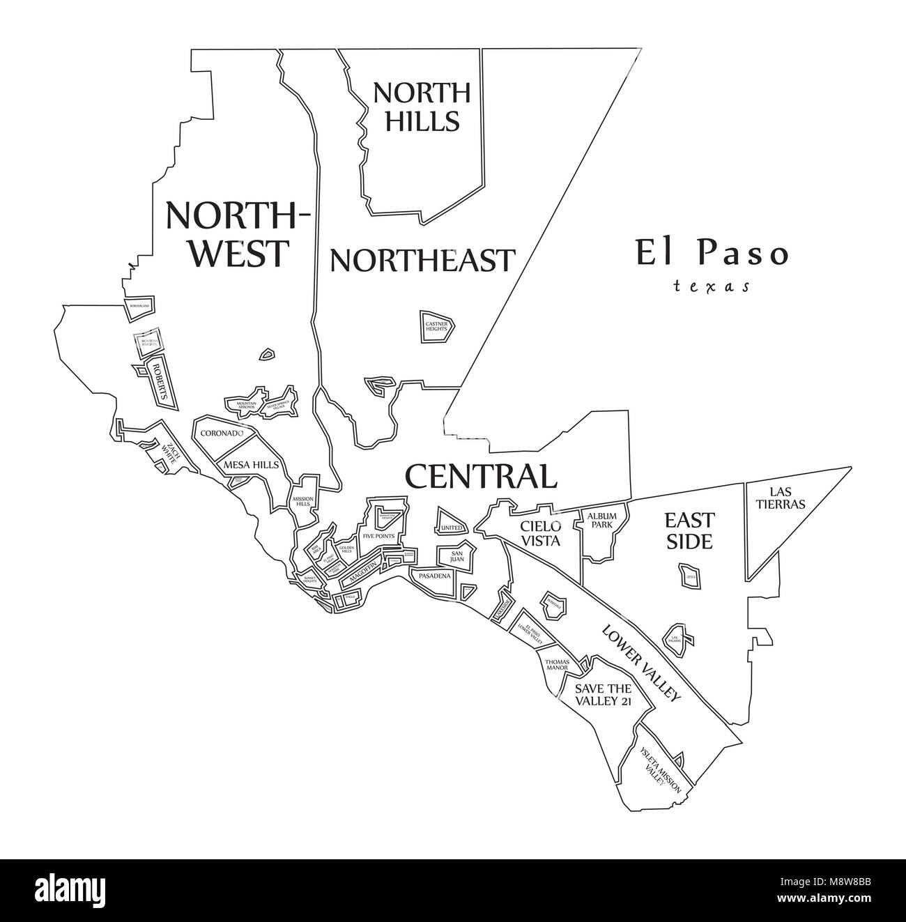 Plan de la ville moderne - El Paso Texas City des USA par les quartiers et les titres contour plan Illustration de Vecteur