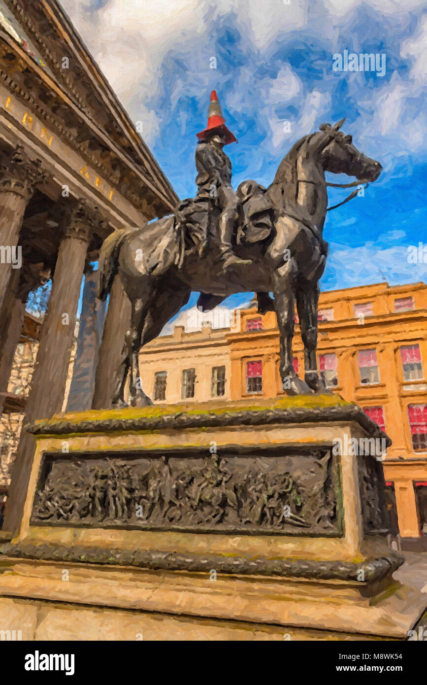 Peinture numérique de la statue du duc de Wellington, à cheval, portant un cône de circulation sur sa tête. En face de la galerie d'Art Moderne, Royal Exc Banque D'Images