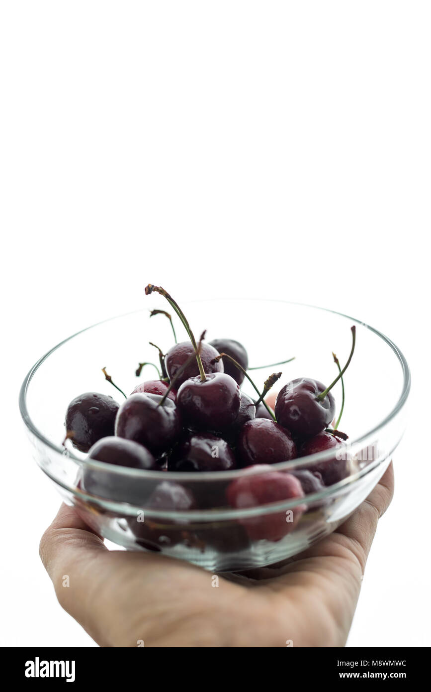 Frais noir fraîchement cueilli les cerises au bol en verre, copiez l'espace. Banque D'Images