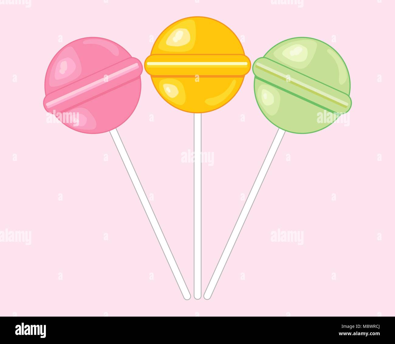 Un vecteur illustration au format eps de sucettes bonbons ronds colorés en jaune et vert, rose sur un fond rose doux Illustration de Vecteur