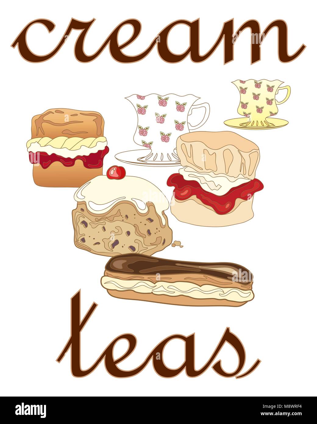 Un vecteur illustration en format eps 10 une affiche de publicité pour les thés à la crème avec des tasses et soucoupes de fantaisie et de délicieux petits pains à la crème sur un fond blanc Illustration de Vecteur