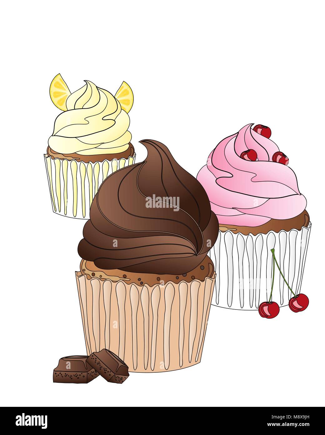 Un vecteur illustration en eps 10 format d'une annonce de boulangerie avec trois frosted cupcakes avec contour noir sur fond blanc Illustration de Vecteur