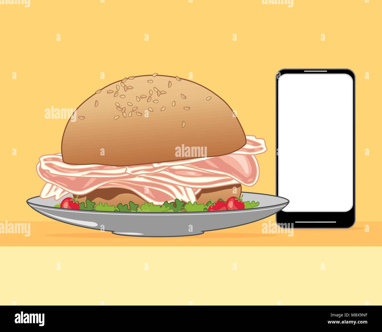 Un vecteur illustration en eps 10 format d'un délicieux sandwich à la salade de bacon et faite à partir d'une graines de sésame commandé à partir d'un smart phone Illustration de Vecteur