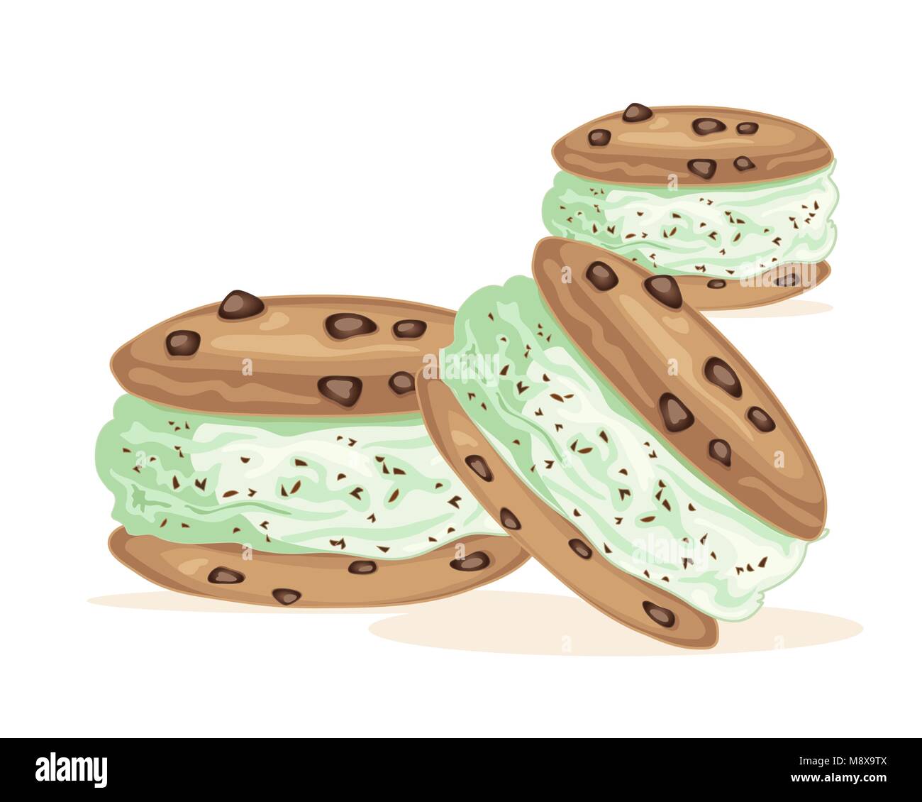 Un vecteur illustration en eps 10 format d'un sandwich à la crème glacée faite avec des biscuits aux pépites de chocolat et une boule de crème glacée aux pépites de chocolat menthe Illustration de Vecteur