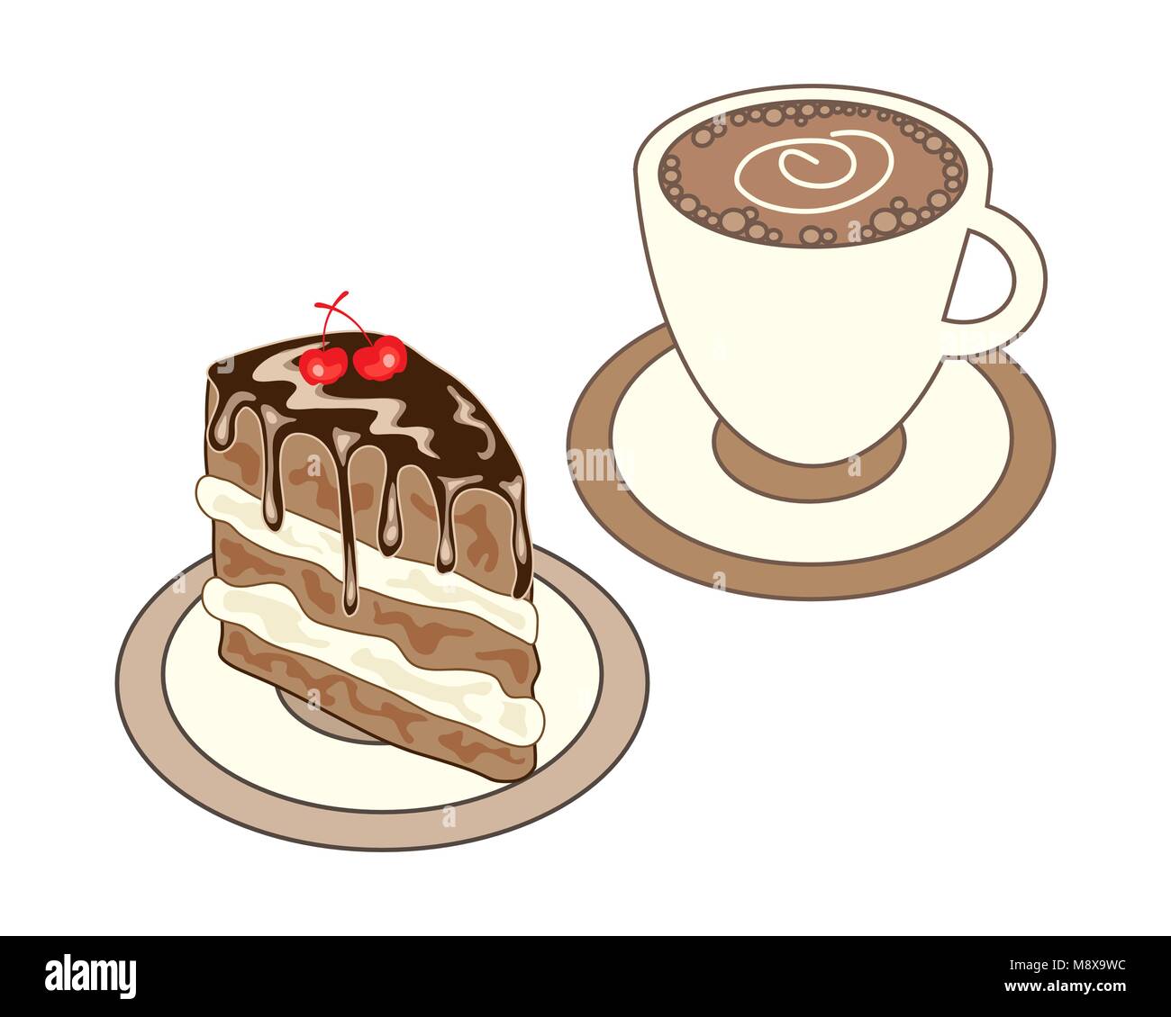Un vecteur illustration au format eps de l'heure du lunch snack-y compris une tasse de café et une tranche de gâteau au chocolat gluant sur fond blanc Illustration de Vecteur