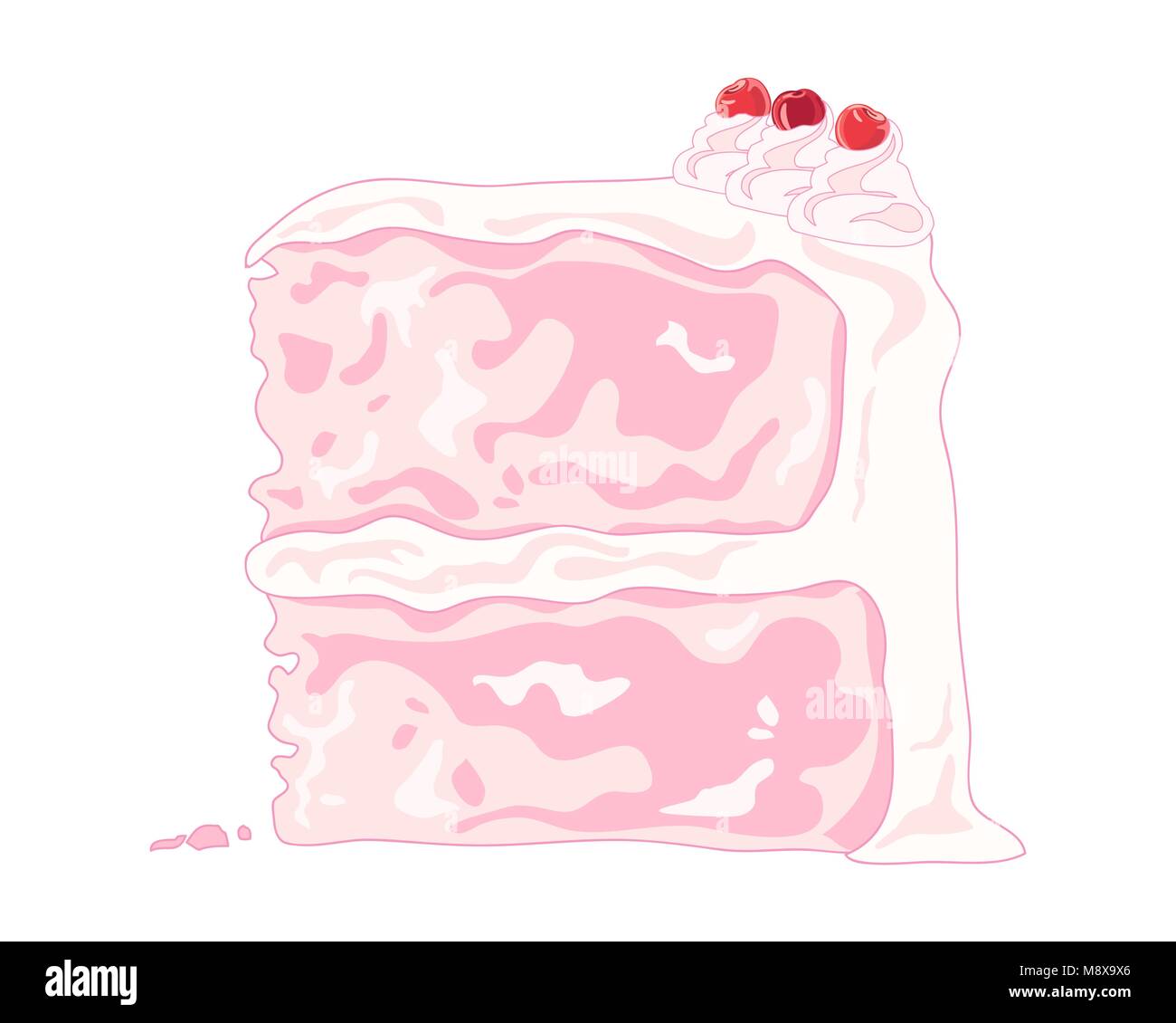 Un vecteur illustration au format eps d'une tranche de gâteau de célébration rose fantaisie avec des tourbillons de crème et de cerises sur un fond blanc Illustration de Vecteur