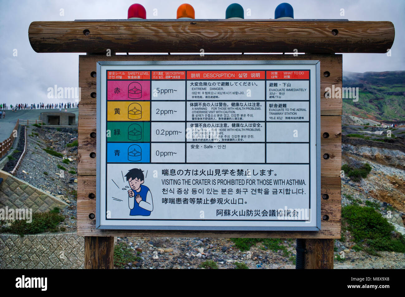 Panneau d'avertissement sur le volcan Mount Aso, au Japon. Banque D'Images