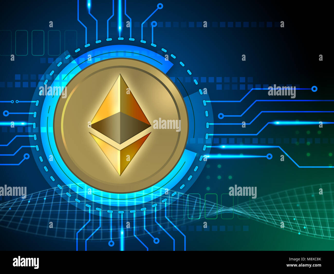 Symbole Ethereum au cours d'une conception de circuit. 3D illustration. Banque D'Images
