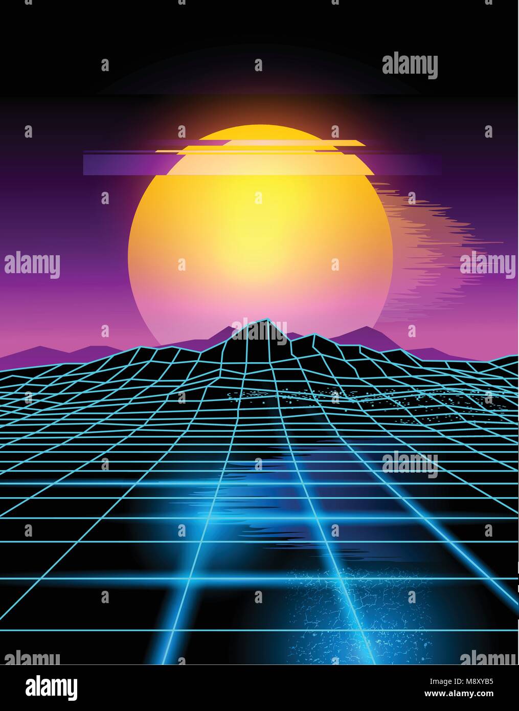 Les lignes de grille néon futuriste et paysage de montagne avec un soleil en néon rose et jaune. Vector illustration fond glitch. Illustration de Vecteur