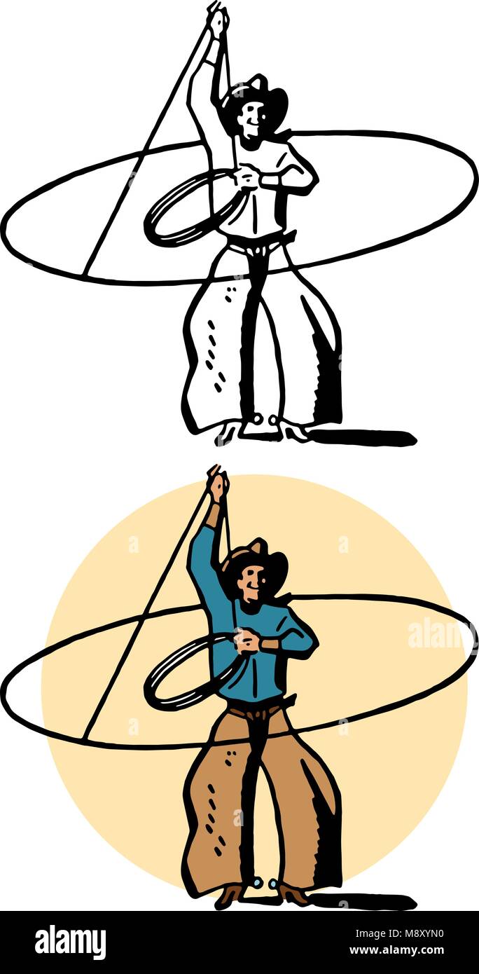 Un cowboy chaps en tournoie un lasso dans un cercle. Illustration de Vecteur