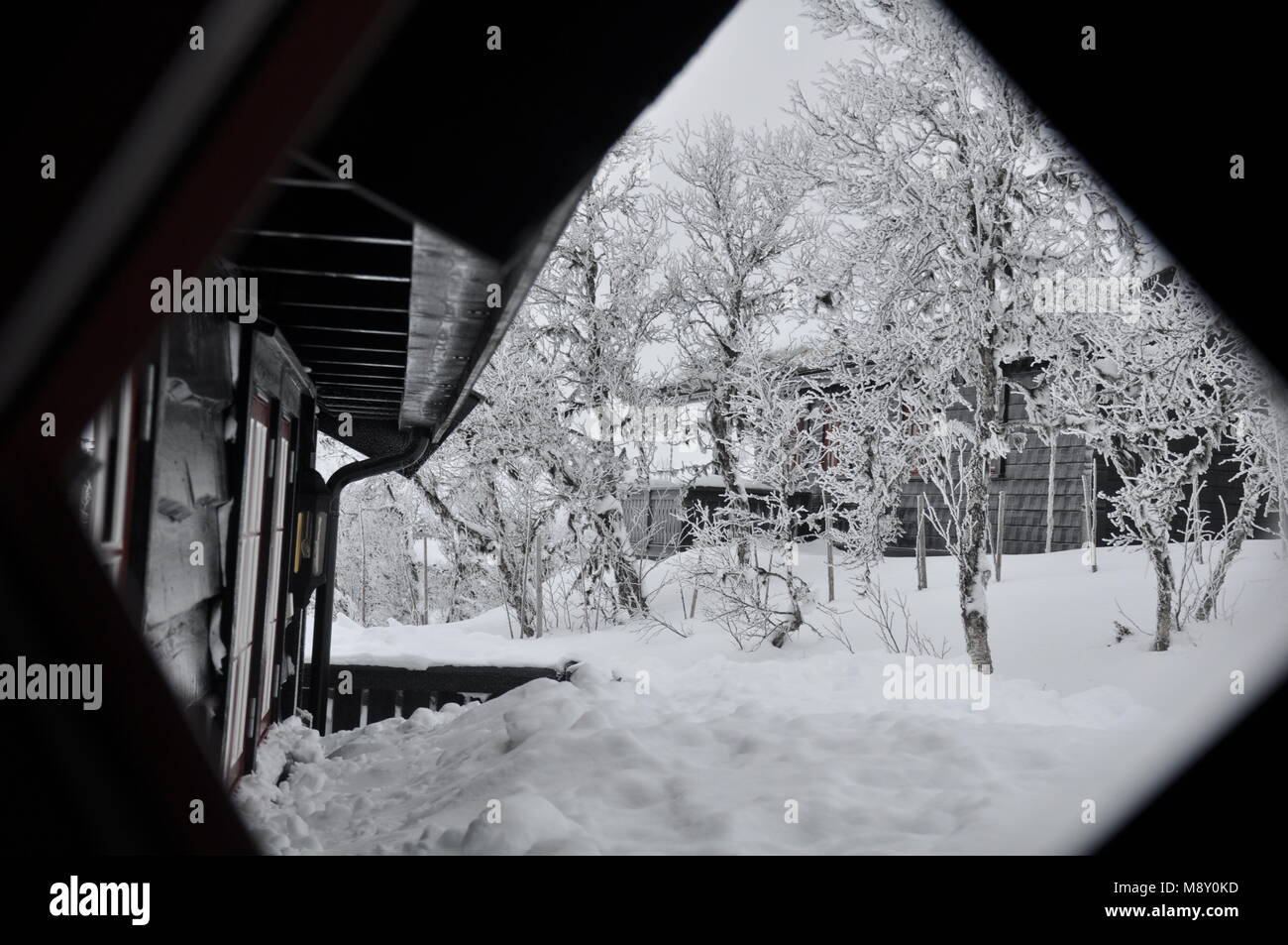 Vue de la fenêtre d'un chalet dans les montagnes en Norvège pendant l'hiver Banque D'Images