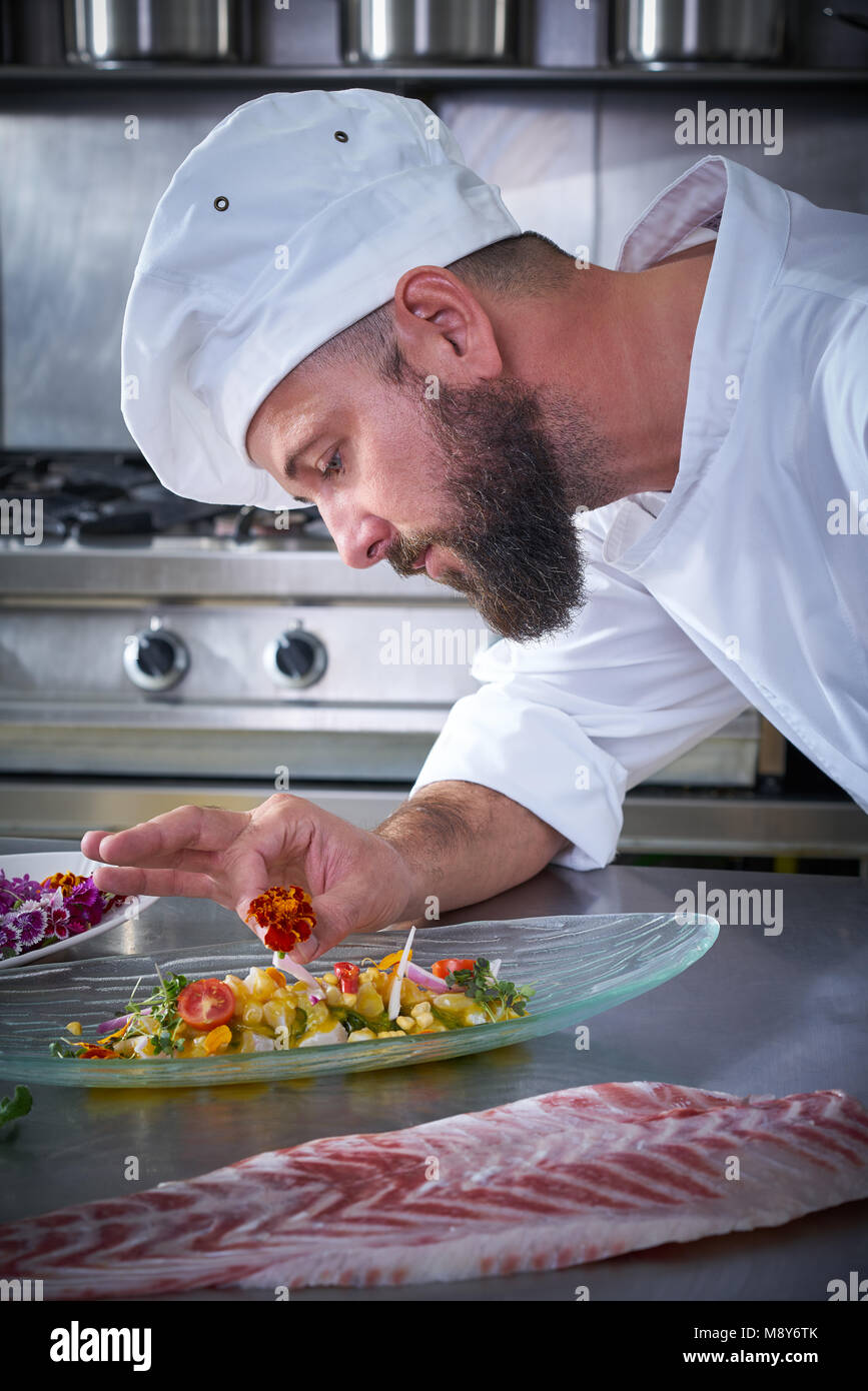 Chef de garnir fleur en ceviche plat avec les mains à cuisine en acier inoxydable Banque D'Images