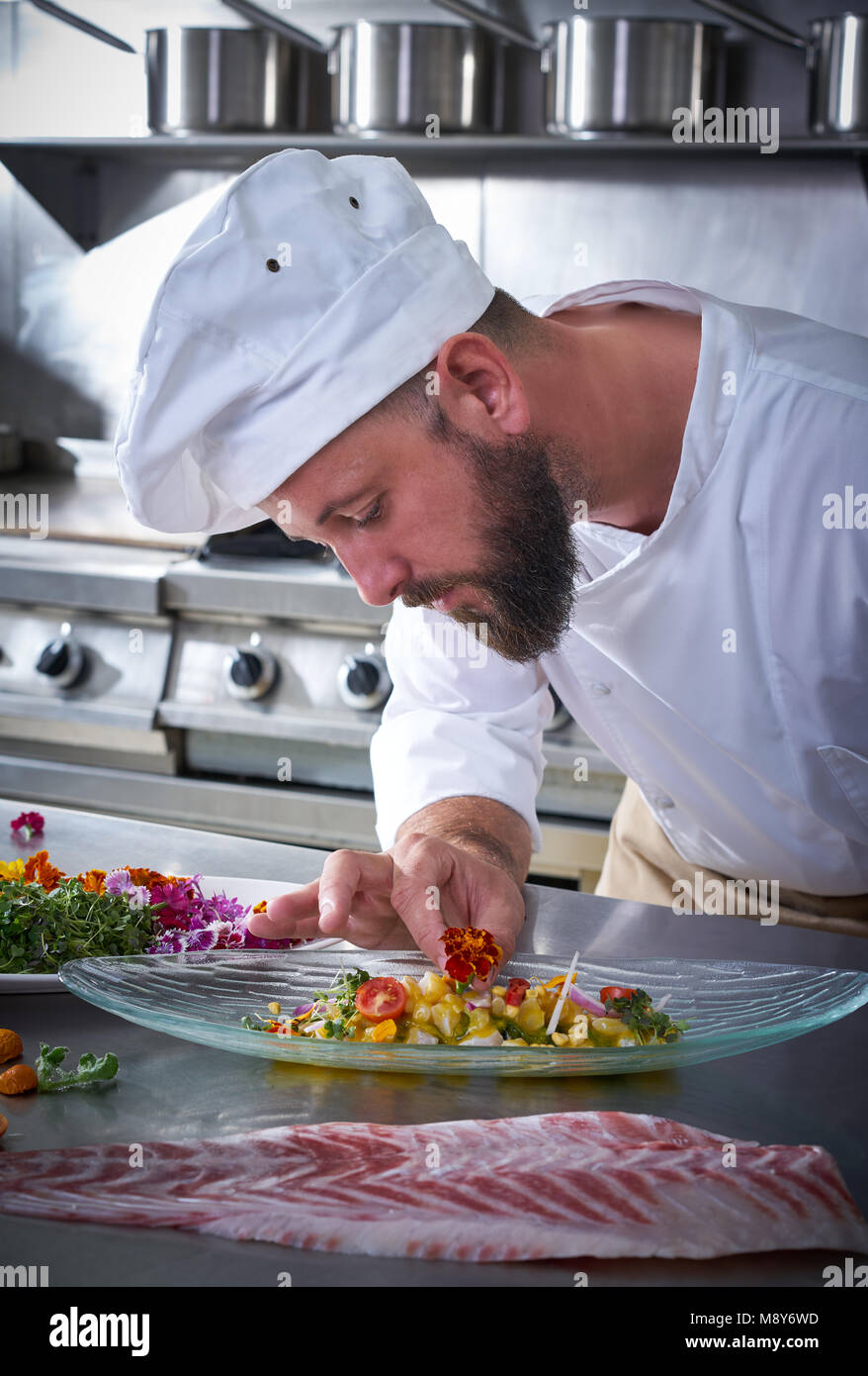 Chef de garnir fleur en ceviche plat avec les mains à cuisine en acier inoxydable Banque D'Images
